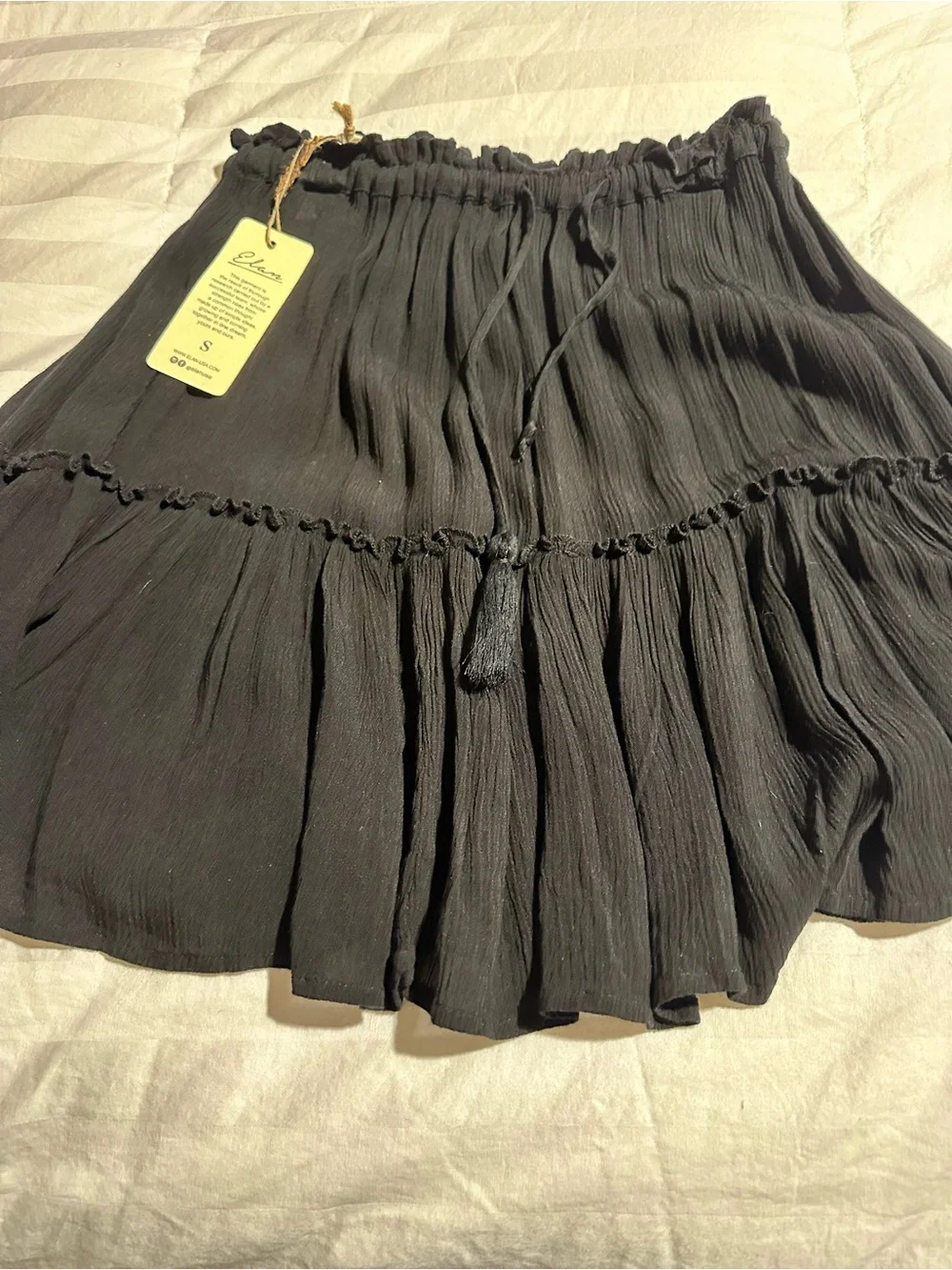 Elan Black Tiered Mini Skirt with Tassel Drawstring